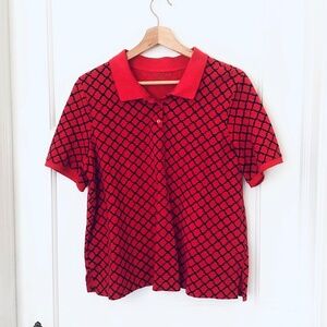 Appleseed's Women's Short Sleeve Polo Shirt Petites L Red Blue Trellis Cotton